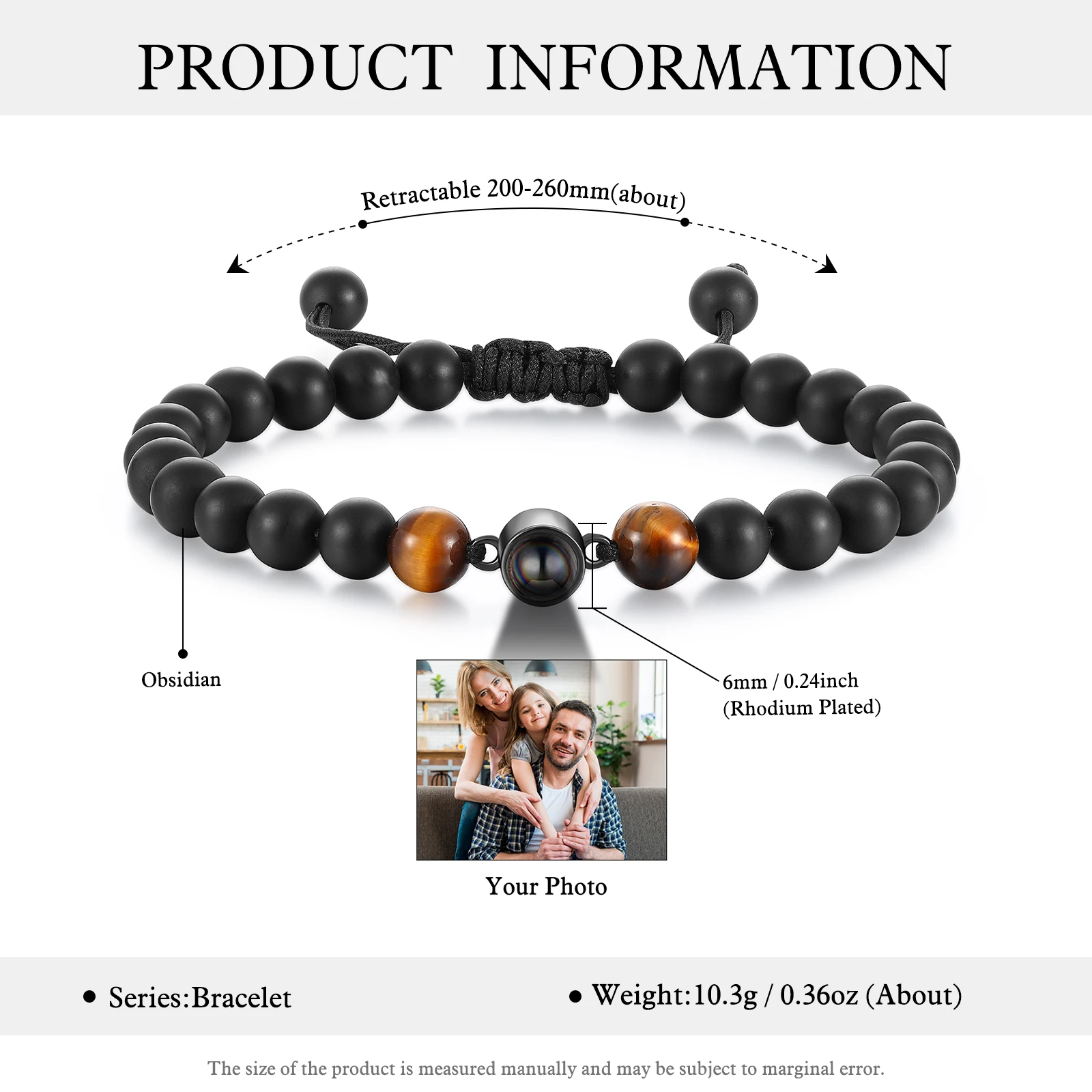 Personalize Women Men Beads Charm Bracelet Custom Your Photo Projection Bangle Adjustable Jewelry Gift for Father Dad Grandpa