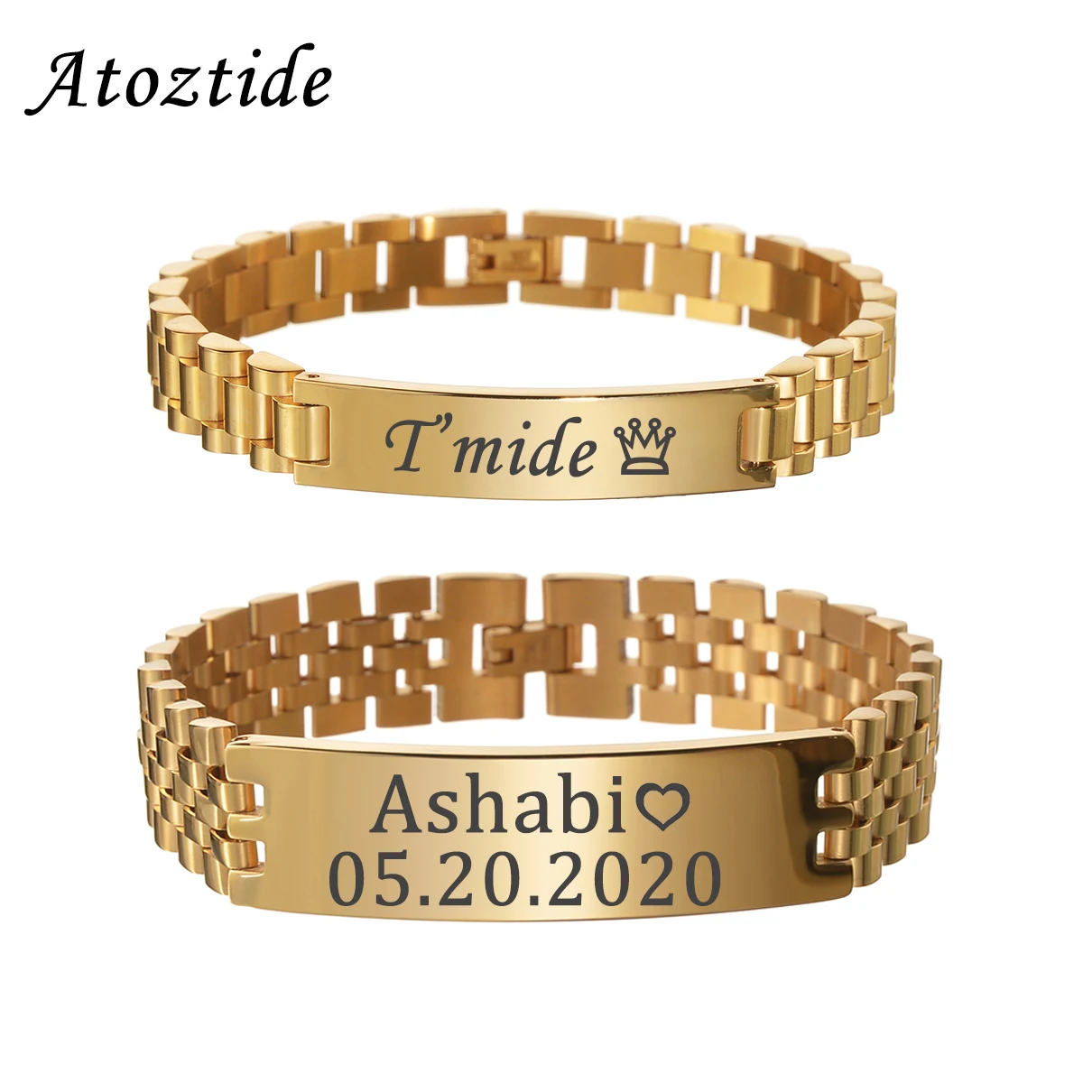 Atoztide 10mm Punk Men Spersonalizowane grawerowane bransoletki z datą dla kobiet Gruby łańcuch Biżuteria ze stali nierdzewnej Bangle Gift