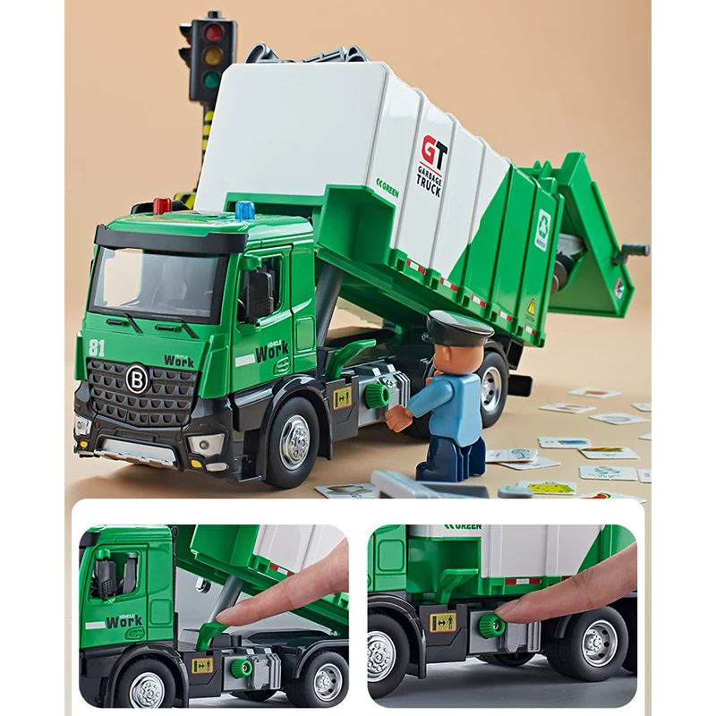 City Sanitation Truck Children Alloy Toys Model Metal Rubber Tire Dumping Recycling Function Rubbish Classification Kids Gift