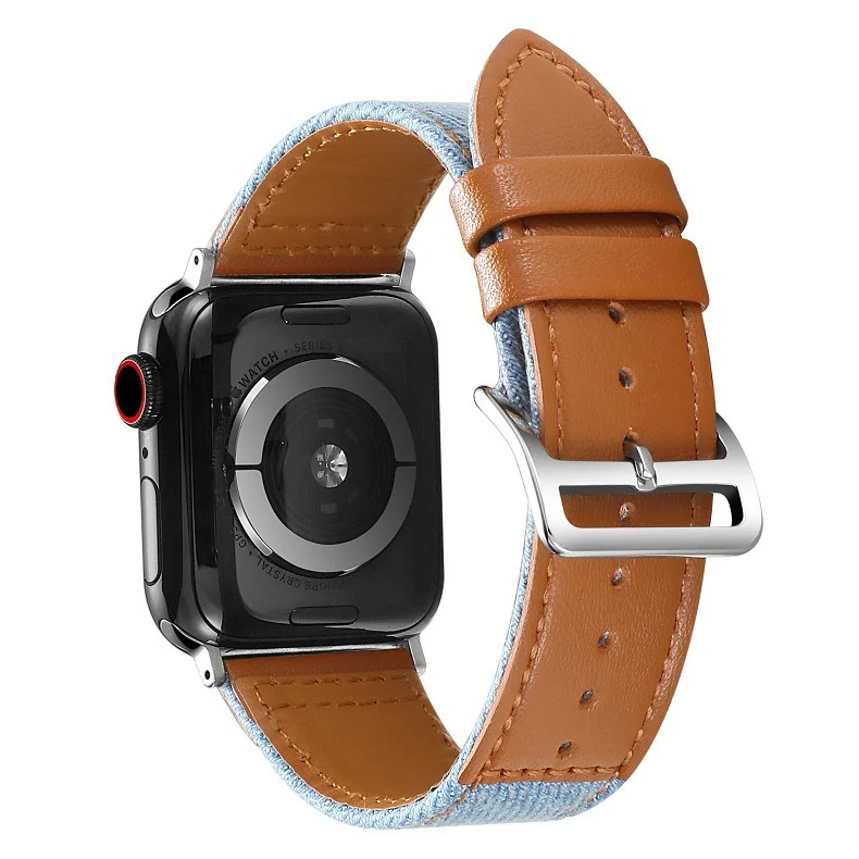 Denim Canvas + Genuine Leather Mixed Color Strap for Apple Watch Series 7/se/6/5/4/3/2/1 (41mm 45mm 42mm 38mm) fashionable