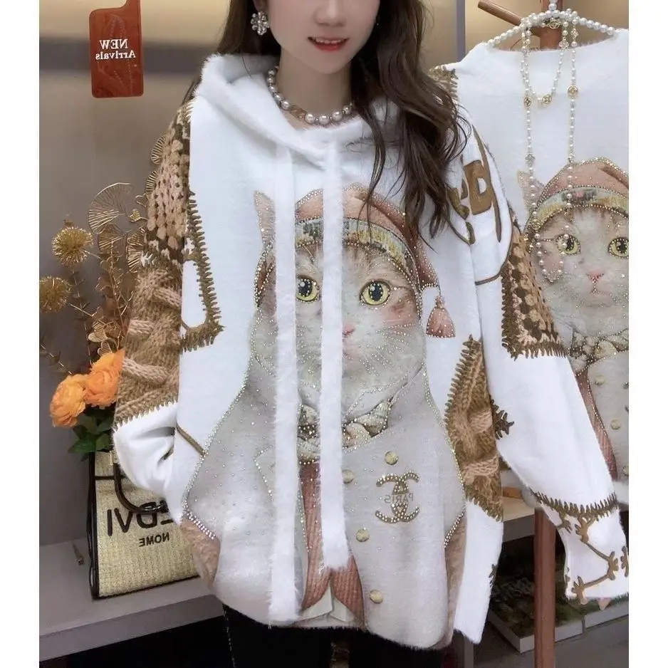 Casual Kawaii Cat Print Women Sweaters Hoodies Long Sleeve Pullovers Sweet All Match Jumpers Women Rhinestone Hooded Knitted