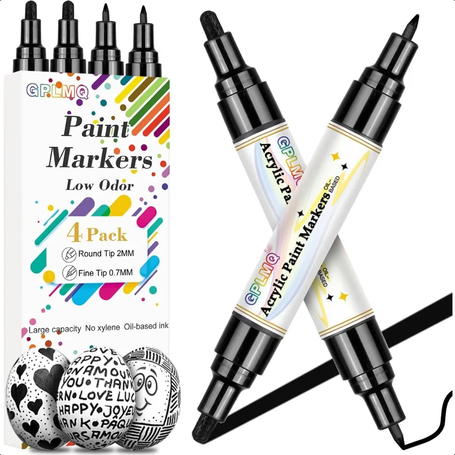

Black Paint Pens 4 Pack Dual Tip Acrylic Paint Markers 0.7mm and 3mm NonToxic WaterBased Black Markers for Art Painting Stone C
