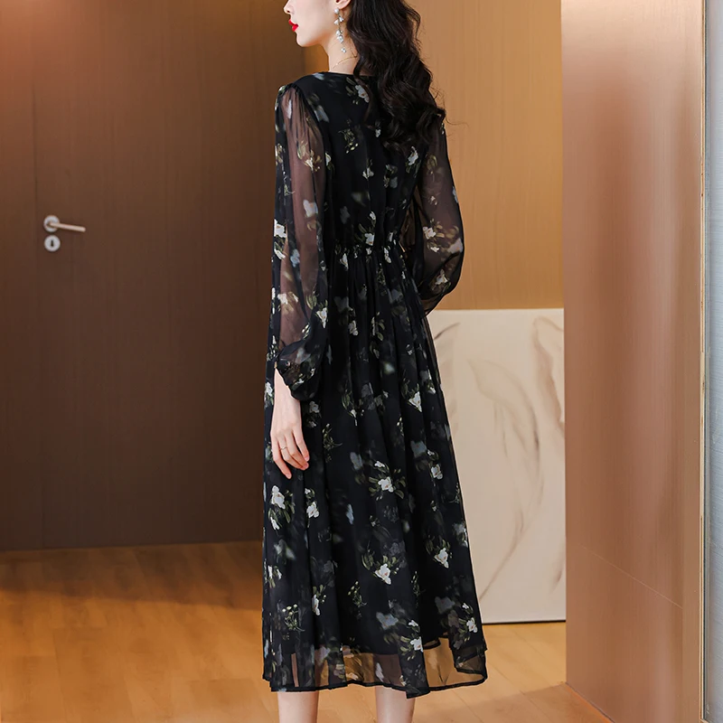 2024 Spring Vintage Loose 4XL Plus Size Midi Women Dress Boho Floral Mulberry Silk Long Sleeve Maxi Dress Elegant Party Vestidos