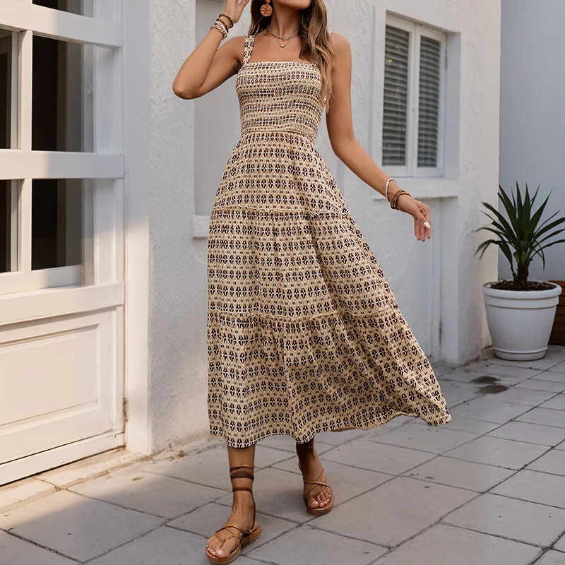 

Summer Dress Women 2025 New Strap Dresses Retro Geometric Printed Sexy Dress Streetwear