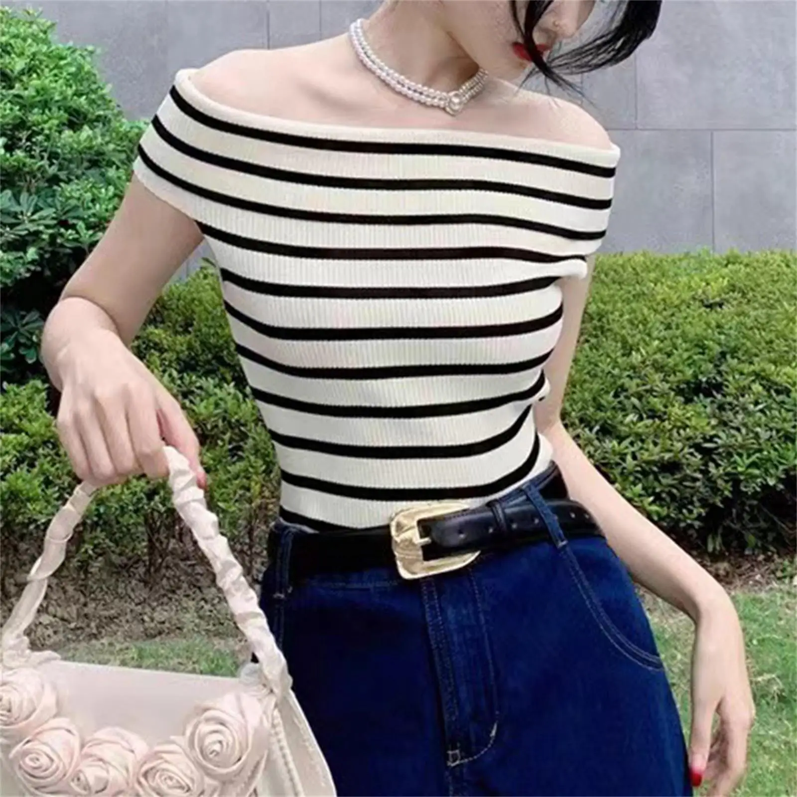 Summer Fashion Striped Knitted T-shirt Women Sexy Off Shoulder Short Sleeve Slim Top