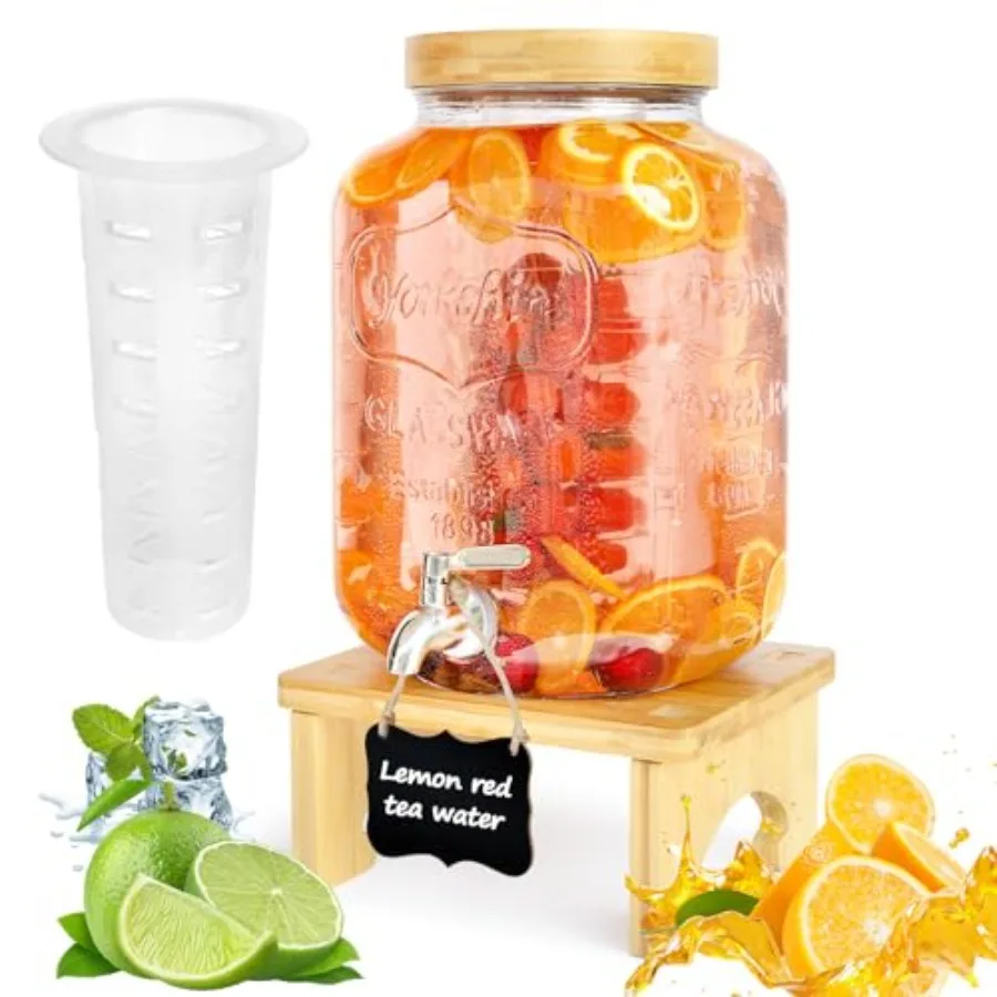

2 Gallon Drink Dispenser with Stand Glass Beverage Dispenser With Wood Stand, 18/8 Stainless Steel Spigot and Labels Large Wate