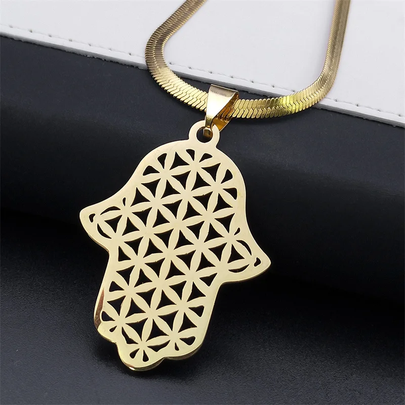 Aesthetic Hand of Fatima Flower of Life Mandala Necklace for Women Men Stainless Steel Gold Color Sacred Geometry Jewelry N3348