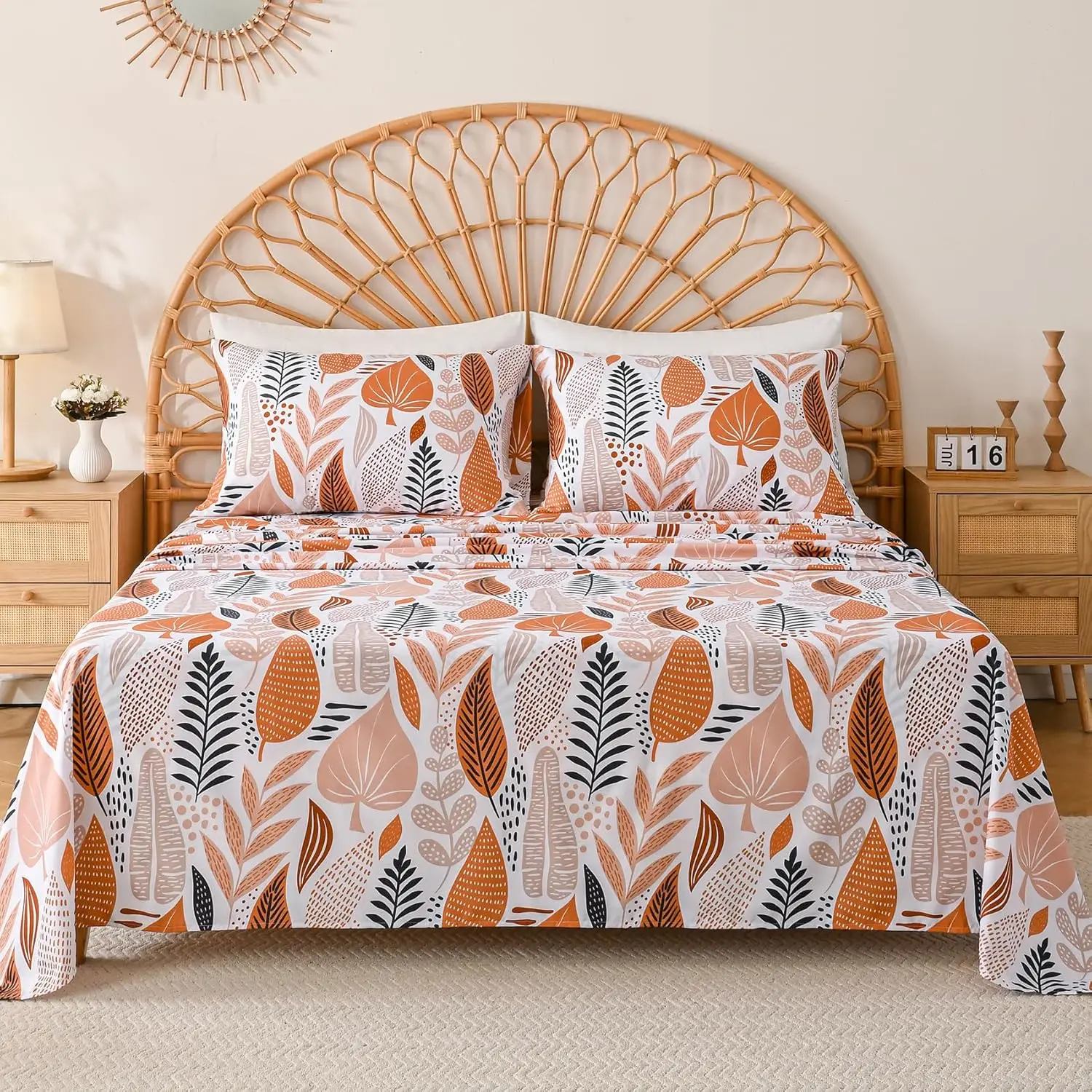 

Boho Leaves Printed Sheet Set Queen, Botanical Pattern Bed Sheets Microfiber, Soft 15" Extra Deep Pocket Fitted Sheet 4 Piece