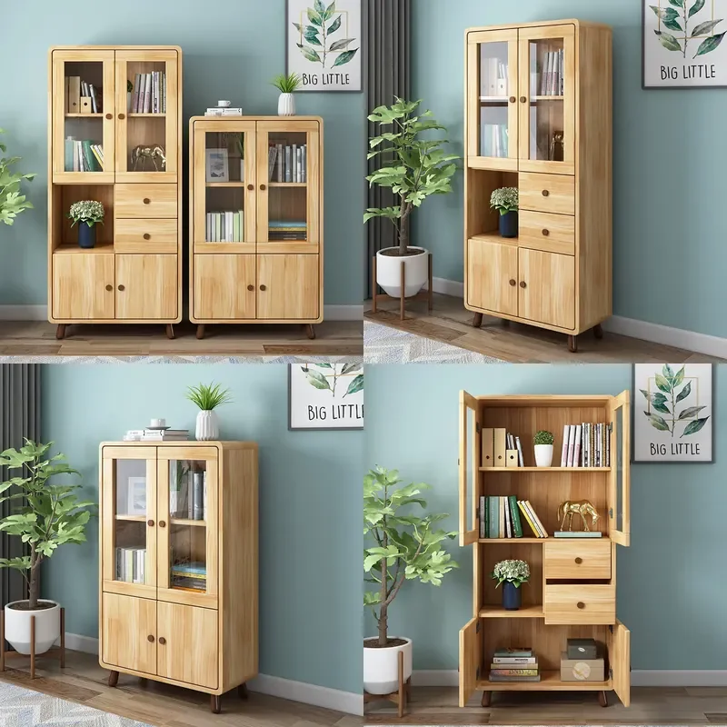 For Solid Wood Bookcase with Glass Door Floor to Ceiling Display Cabinet Modern Simple Storage Shelf for Living Room Study