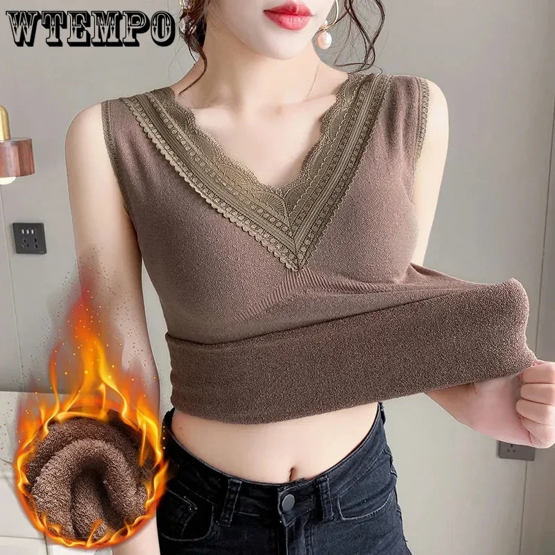 

Warm Vest Women with Chest Pad Plus Fleece Thickened New Lace Lace Undershirt Underwear Women Winter