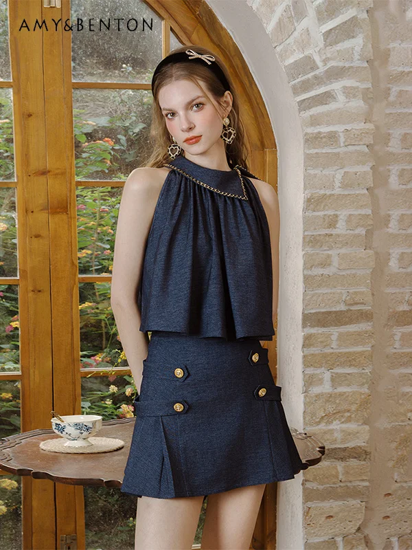 

Korean Fashion Elegant Lapel Sleeveless Top High Waist Slim Mini Skirt Two Piece Sets Womens Outifits Summer Commute Style Suit