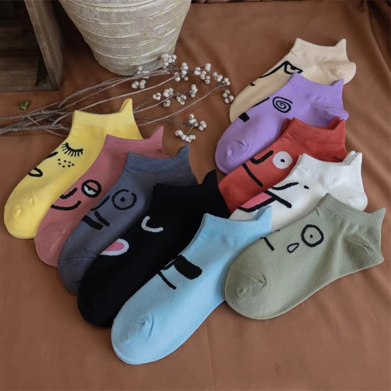 10 Pairs/Pack Korean Style Harajuku Trend Women Colorful Funny Expression Surprise Socks Girl Kawaii Socks Low Tube