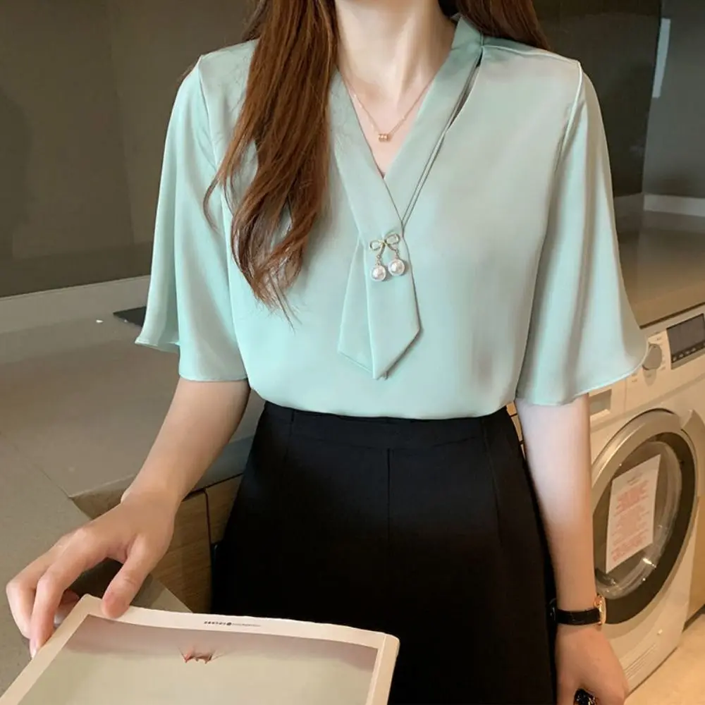 Blusa Elegante de Cor Sólida com Laço, Manga Longa Solta, Chiffon Profissional para Mulheres, Combina com Tudo, Primavera e Outono