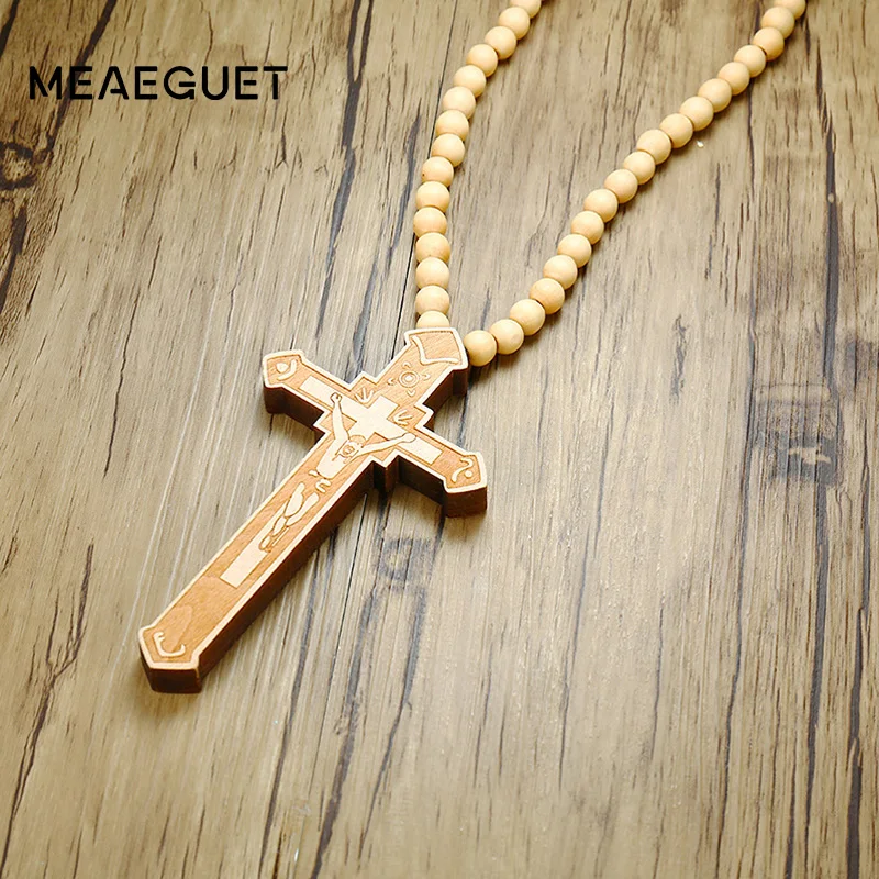 Large Wood Catholic JesusMens Cross With Wooden Bead Carved Rosary Pendant Long Collier Statement Necklace