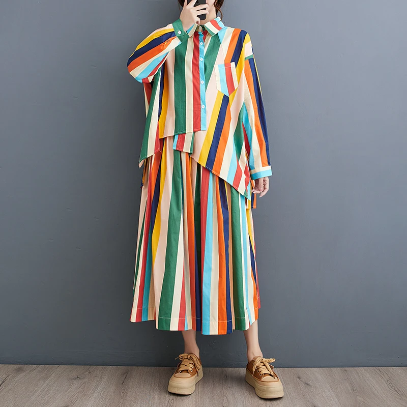 Autumn New Fashion Casual Women\'s Skirt Sets Striped Irregular Long Sleeve Shirt Long Skirt Two Piece Set Women Spring 2024