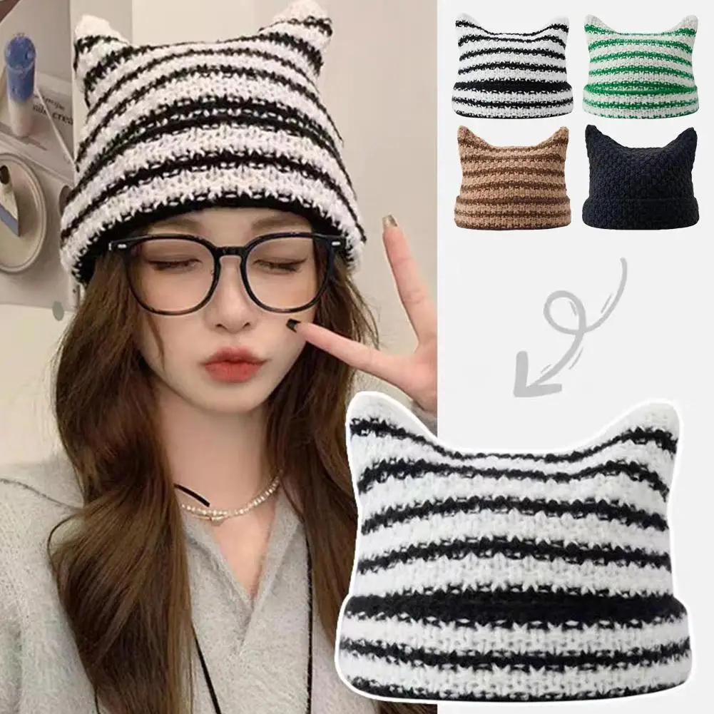 Japanese Streetwear Harajuku Little Devil Striped Knitted Hat Girls Cap and Ears Cute Beanie Cat Autumn Winter Women S4X6