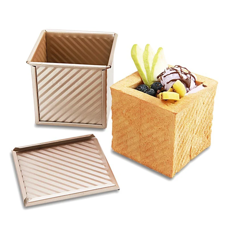 Square Baked Toast Box Loaf Pan Non-Stick Baking Bread Mould Cake Toast Box With Lid Gold Carbon Steel Baking Tray Baking Tool