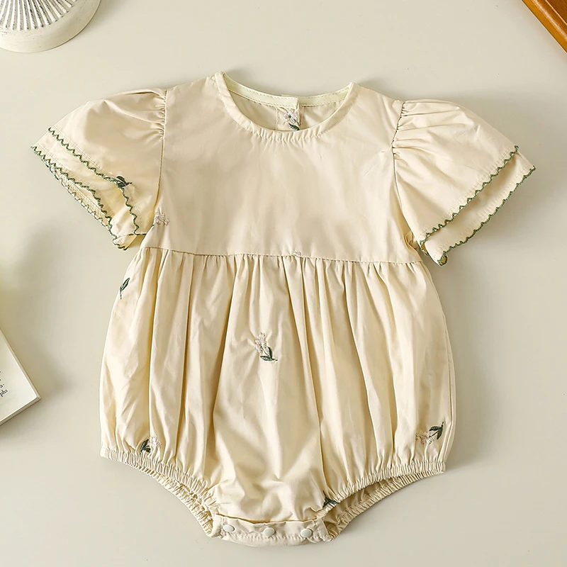 

2025 New Summer 0-24M Baby Girls Clothing Korean Style Climbing Suit Short Sleeved Cotton Embroidery Toddler Baby Girls Jumpsuit