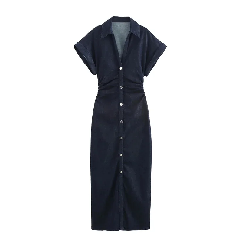 

Retro Deep Blue Fold Women Denim Maxi Dress Fashion Short Sleeve V Neck Button Slim Fit Long Dresses Lady New Commute Chic Robes