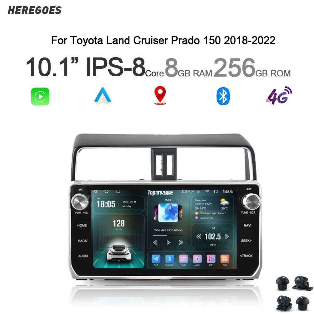 Radio con GPS para coche, reproductor Multimedia con Android 13, IPS, 10,1 pulgadas, 8 + 150G, Wifi, estéreo, para Toyota Land Cruiser Prado 2018,