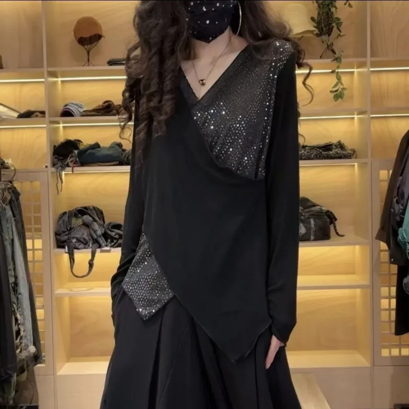 Ropa de mujer Vintage retales de lentejuelas diseño asimétrico camiseta elegante mujer Y2K moda Casual cuello en V manga larga Tops sueltos