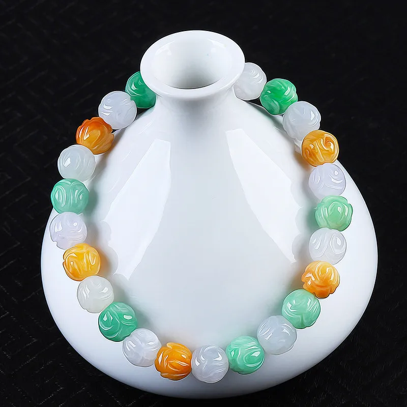 Natural Myanmar A- Level Ice Waxy Kinds Three-Color Lotus Women's Jade Bracelet Certificate Wholesale