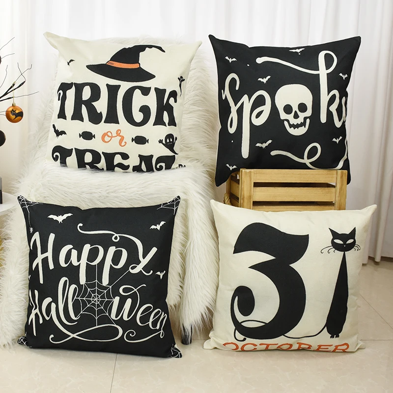 

4pcs Linen Halloween Pillow Trick Or Treat Black Cat Spider Web Skeleton Print Cushion Halloween Home Party Decorations 45x45cm