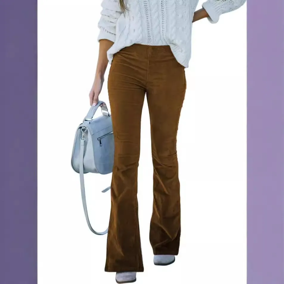 Women Pants Corduroy Full Length High Waist Trousers Black Corduroy Front Pocket Flare Pants Slim Fit Solid Color Slim Pants
