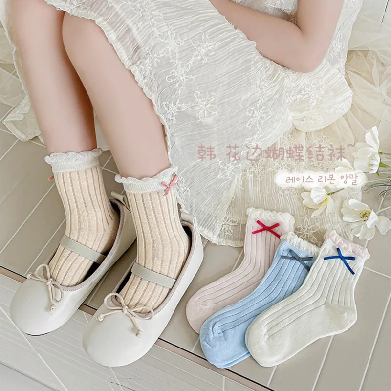 4Pairs/Set Kids Girls Spliced Lace Socks Summer Mesh Princess Socks Sweet Candy Color Breathable Thin Children Cotton Socks Pack