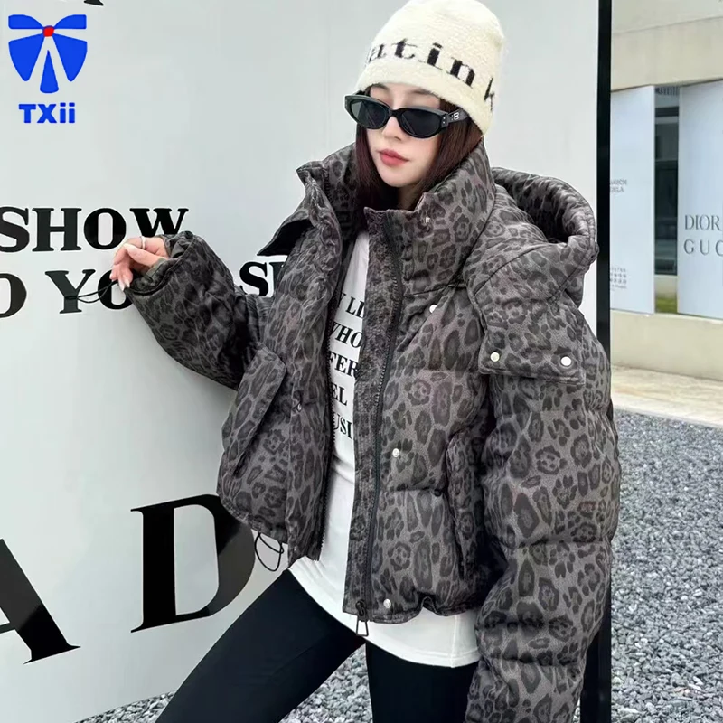 Winter Trendy Brand European Station Leopard Pattern Contrast Splicing Down Jacket for Women Short, Thick White Duck Down Coat