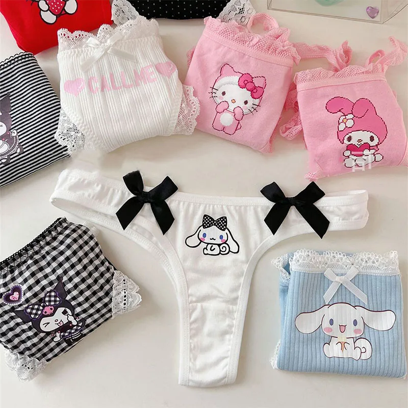 

Треугольные стринги Miniso Sanrio Hello Kitty My Melody Kuromi Cinnamoroll Kawaii с бантом, кружевные трусики, хлопковые сексуальные трусики, подарок для девушки