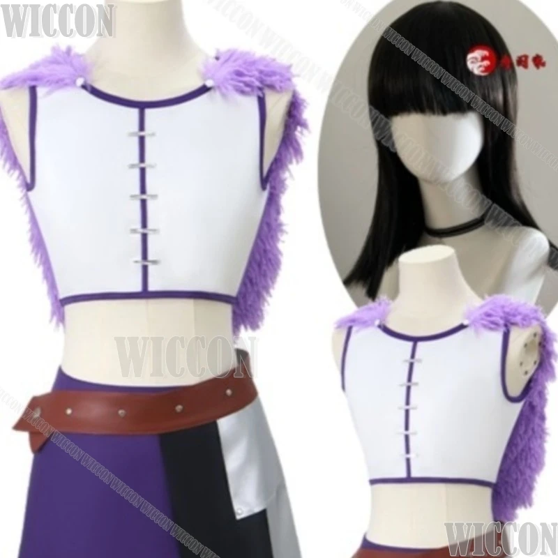 Disfraz de Cosplay de Nico, la cazadora de animales silvestres de Robin Anime, con peluca negra, cuello de piel morado, falda, chaleco blanco, conjunto completo para mujer, ideal para Halloween.