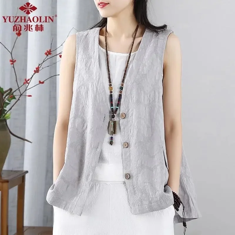 Retro Cotton and Linen Vest Coat Women's Loose All-Match Sleeveless  Thin Section Cardigan New  Waistcoat 2024 E169