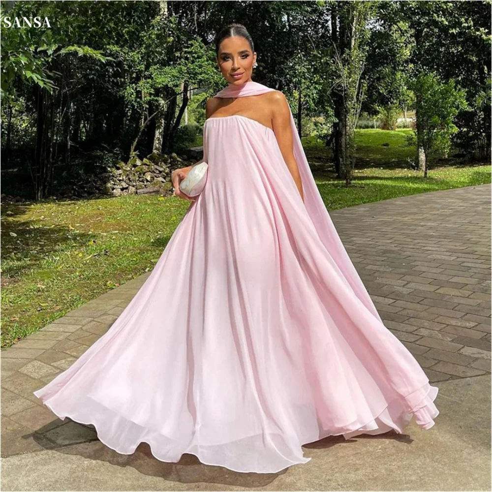 Sansa Elegant Pink Strapless Prom Dresses Chiffon A-line Drapeds Scarf Vestidos de fiesta Sleeveless Ankle-Length Zip فساتين سه