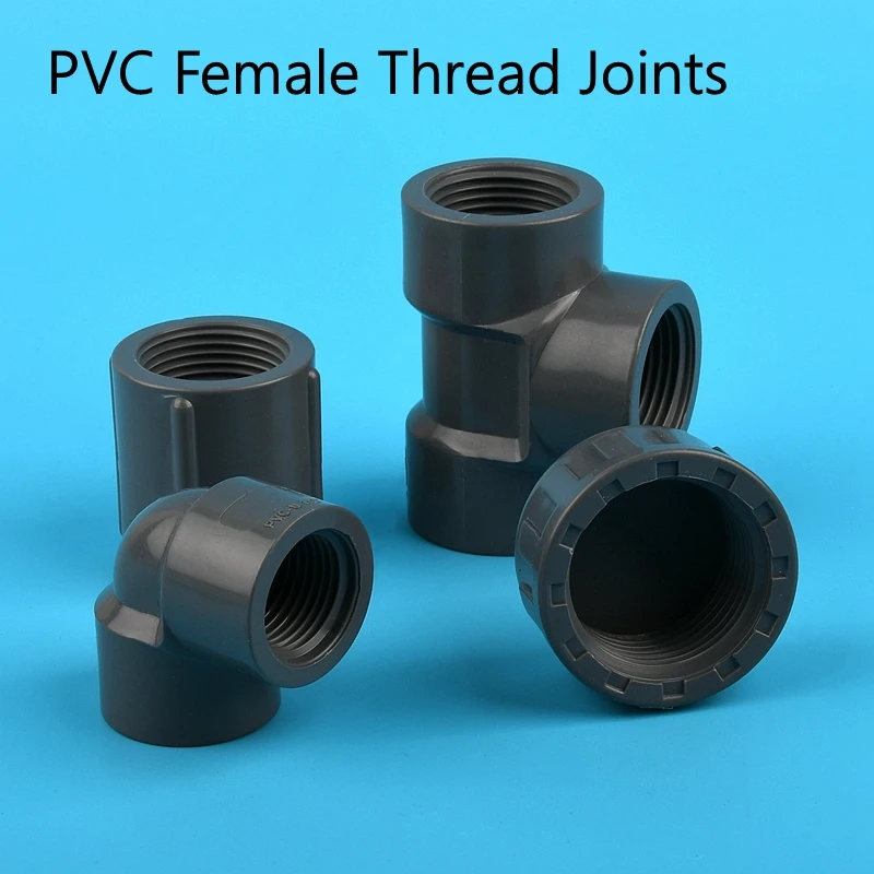 PVC Female Thread Joint Tee 90 ° Elbow Cap Direct Aquarium Fish Tank System Water Tube Pipe Connector Adapter Grey 1/2''~2'' 1PC