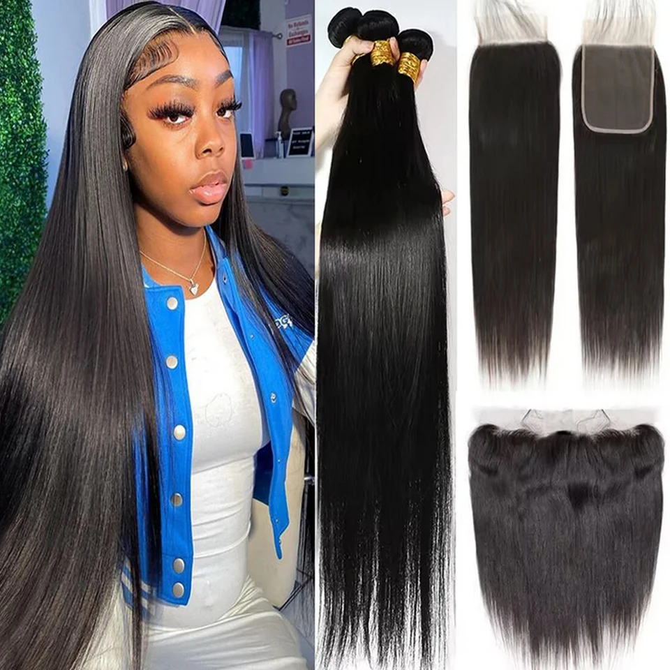 

Наборы прямых человеческих волос (8-30 дюймов) с фронтальной застежкой, 100% натуральные прямые волосы, 3/4 пучка с застежкой