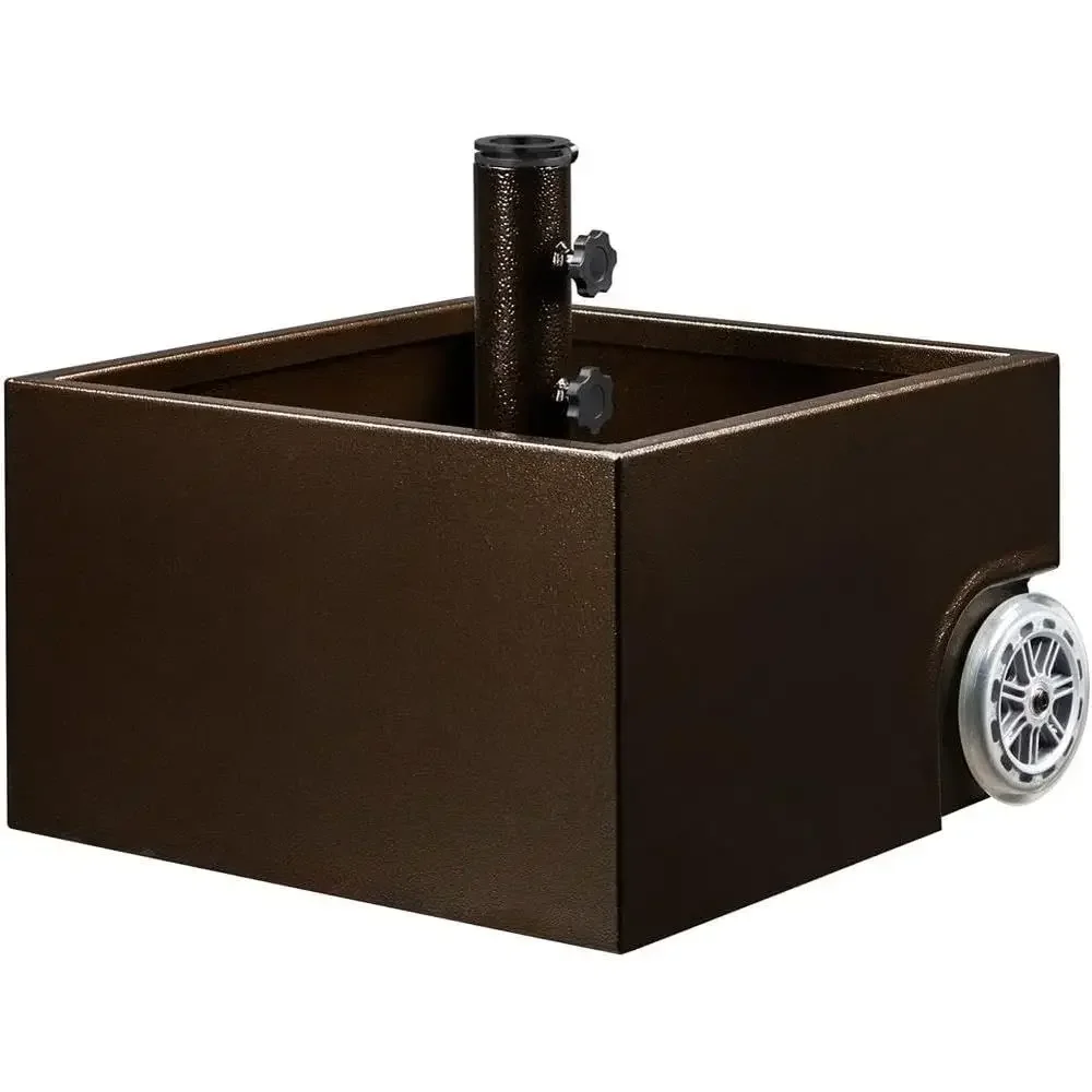 Portable 150lb Capacity Metal Umbrella Stand with Wheels, Outdoor Patio Holder, Drainage Hole, Adjustable Knobs, Brown