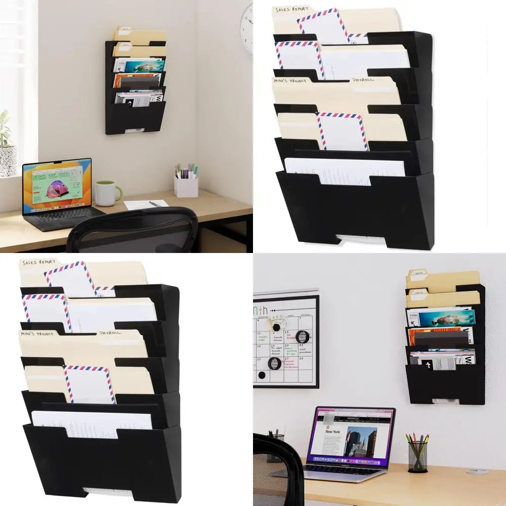 

5-Tier Black Metal Wall-Mounted File Organizer, Office Storage Rack with Magazine Holder, Modern Decorative Office Accessory