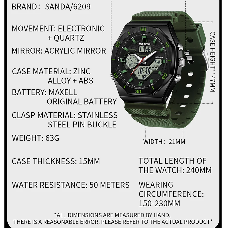 SANDA G Style Digital Men Watches Dual Display Three Time Waterproof Shock Sports Watch Military Countdown Male LED Quartz Clock