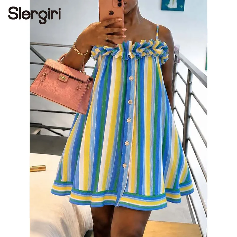 Slergiri Gestreiftes Cami-Kleid mit Rüschenbesatz und Knopfleiste für Damen – Neuheit 2026 im Sommer-Urlaubsstil, lockeres ärmelloses Minikleid