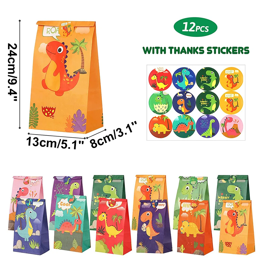 12Pcs Cartoon Dinosaur Birthday Party Paper Bags With Stickers for Kids Dino Jungle Safari Party Gift Goodies Candy Bag Supplies