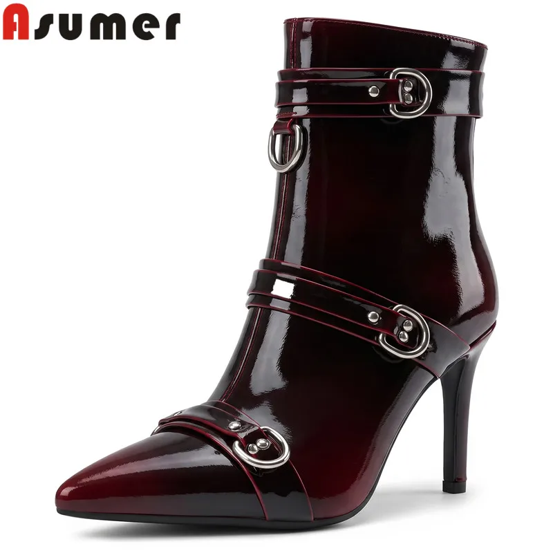 ASUMER Big Size 34-43 Ankle Boots For Women Pointed Toe Stiletto High Heels Fashion Boots Wine red Ladies Party Pro Dance Shoes