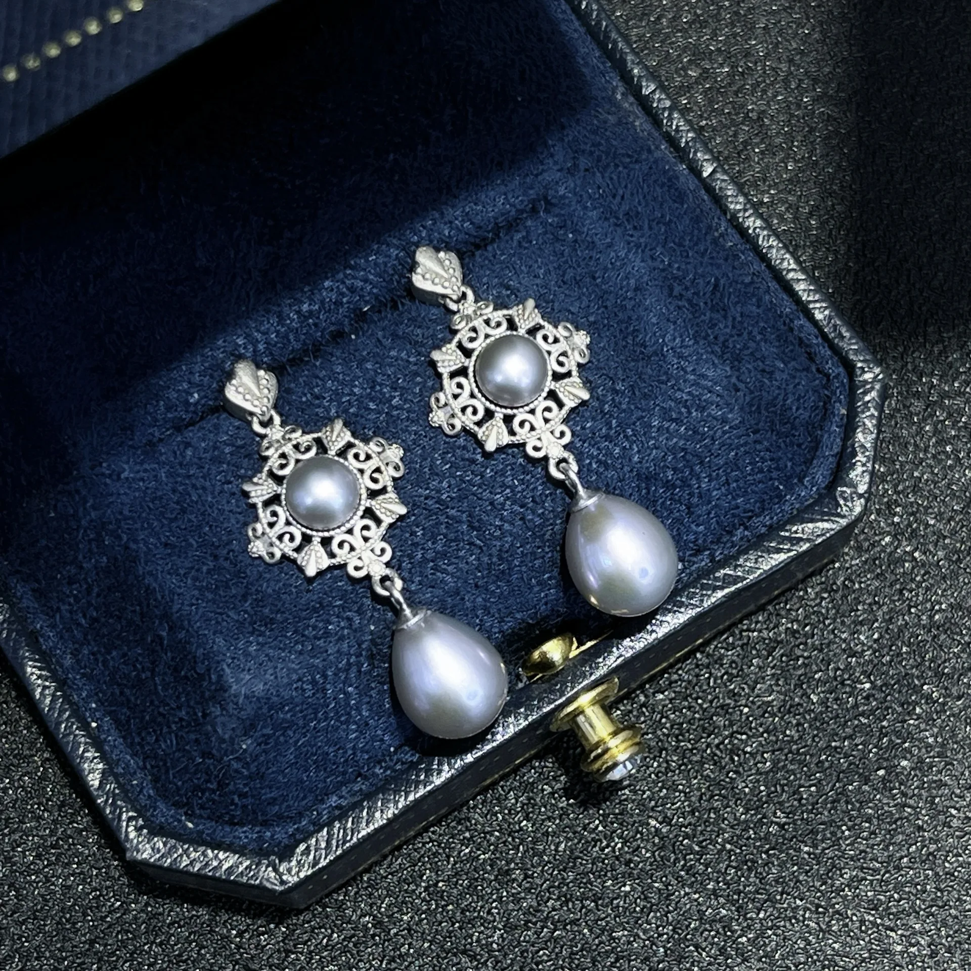 Natural Freshwater Pearl Dangle Earrings S925 Sterling Silver Vintage Palace Lace Drop Earrings For Women