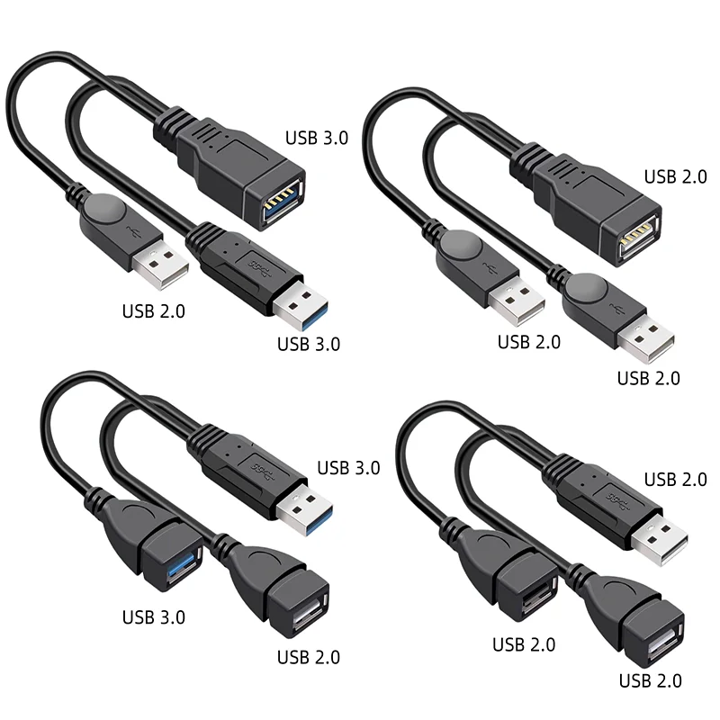 USB 2.0/3.0 to Dual USB Y Splitter Power Cord Male to Female Extension Adapter Cable for USB Charger Flash Disk Hard Drive