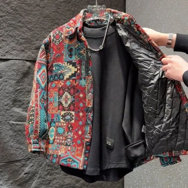 

Juspinice Ethnic Style Jacquard Casual Lapel Parkas for Men's Autumn New Versatile Loose Warm Cotton Jacket Male Clothing