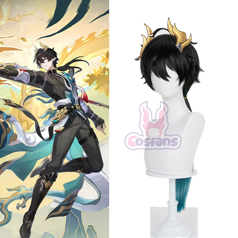 Honkai: StarRail Dan Heng Omphalos Teng Huang Cosplay Pruik Zwart Blauw Lang Haar Amfororeus Halloween Party Haar voor Vrouwen Mannen Rekwisieten