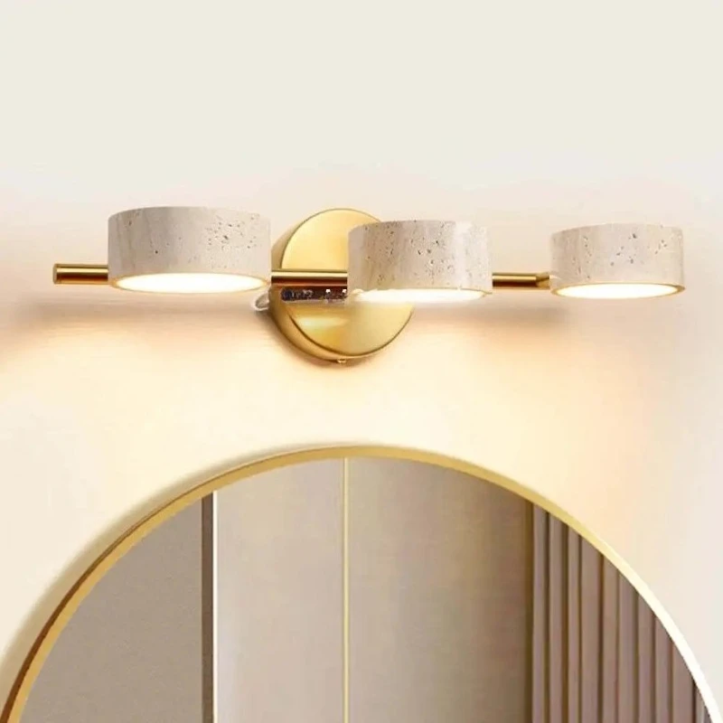 

Round LED Wall Lamp with Spanish Natural Limestone Double Sided Creative Style Vanity Mirror Headboard Bedroom Bathroom Decor