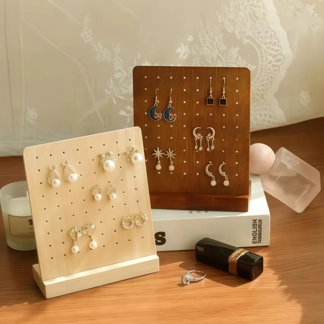 

72 Holes Wood Earring Display Stand Holder with Base Jewelry Rack Organizer - Wall Mountable Earring Hanger Board Storage Box