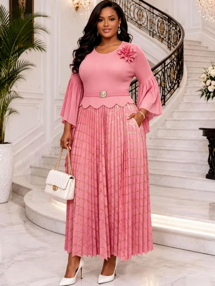 African Dresses For Women Elegant Spring Autumn Long Sleeve Dashiki Pleated Maxi Dress Traditional African Clothing Fairy Dreaes