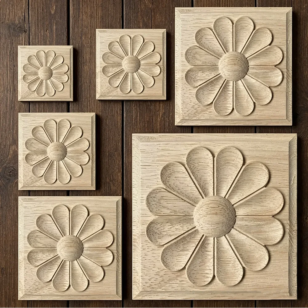 

10PCS 5/6/8/10/12/15CM Wood Carving Figurines Floral Pattern Patch Furniture Door Flower Background Wall Cupboard Decoration